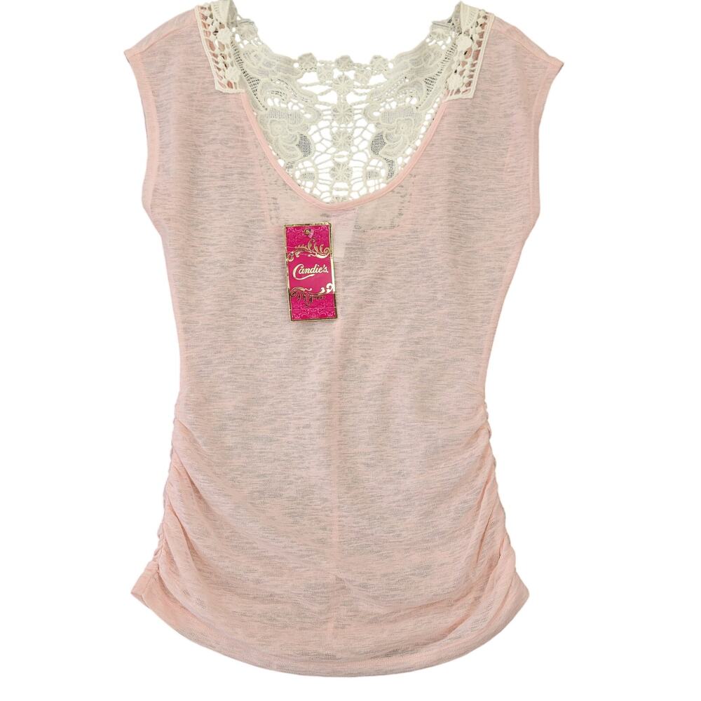 Candies Pink Knit Shirt NEW $34 Bodycon Cap Sleeves Lace Scoop Neck Women Size S